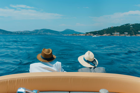 Relaxing on a boat: two mature caucasian adults enjoying a sunny day at seaの素材