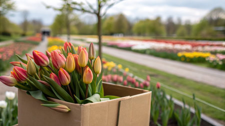 Colorful tulip display in cardboard box in vibrant flower garden.の素材