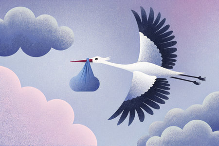 Stork flying through clouds with baby bundle in pastel sky.の素材