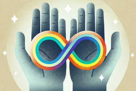 Hands holding colorful infinity symbol with gradient shades. World Autism Awareness Day, concept.の素材
