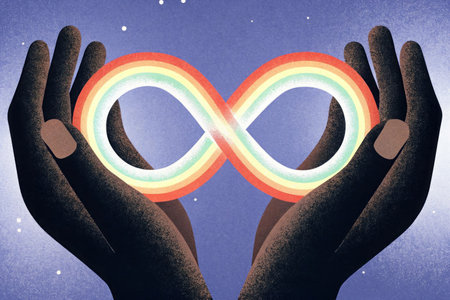 Diverse hands holding a rainbow infinity symbol against starry sky. World Autism Awareness Day, concept.の素材