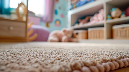 Cozy children's room with plush toys and soft carpet close-up.の素材