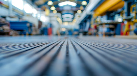 Industrial warehouse interior with blurred perspective and modern lighting.の素材