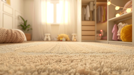Cozy bedroom interior with soft carpet and warm lighting.の素材
