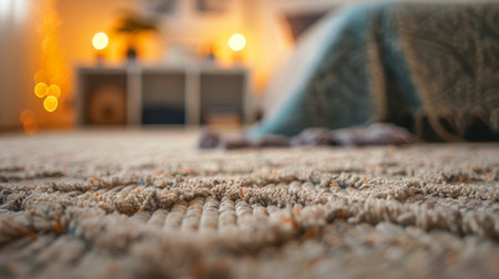 Cozy bohemian bedroom with rustic rug and warm lighting ambiance.の素材