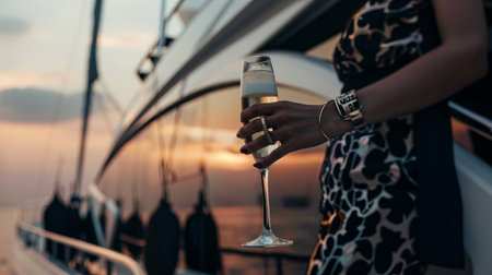 Female enjoying sunset on luxury yacht with champagne glassの素材