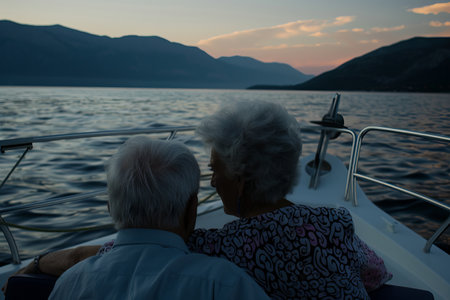 Elderly caucasian couple enjoying sunset on a boat in tranquil lakeの素材