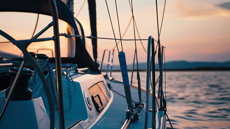 Sailing yacht at sunset on serene waters with mountain viewsの素材