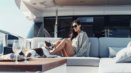 Young asian female relaxing on yacht with dog under sunlightの素材