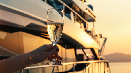Woman holding champagne glass on luxury yacht during sunsetの素材
