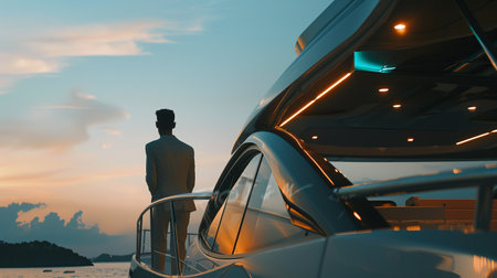 Young caucasian male enjoying sunset on luxury yachtの素材