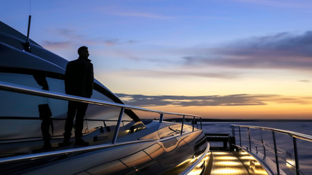 Silhouette of young asian male on luxury yacht at sunsetの素材