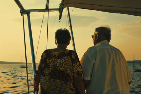 Elderly caucasian couple enjoying sunset cruise on a yacht at seaの素材