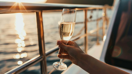 Woman holding champagne glass on yacht at sunset over ocean wavesの素材