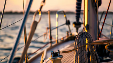 Sailboat deck at sunset: close-up view of ropes and equipment on oceanの素材