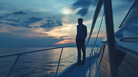 Solitary reflection of young caucasian male at sunset on sailboats deckの素材