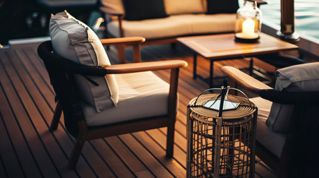 Cozy outdoor patio seating with lantern lighting on wooden deck at duskの素材