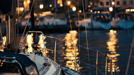 Sailboat at night with glowing reflections in marinaの素材