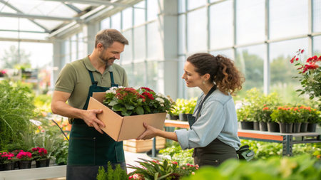 Man and woman consultants with a cardboard box of flowers in a greenhouse atmosphere.の素材