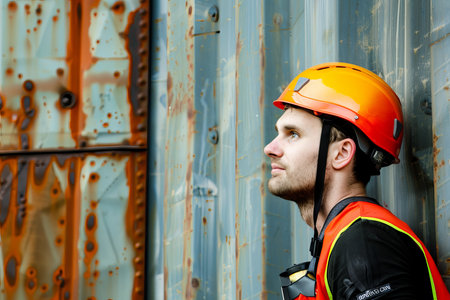 Construction worker in protective gear at industrial siteの素材