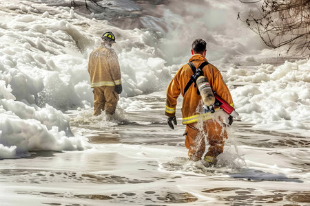Firefighters navigating icy waters in winter rescue missionの素材