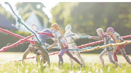 Wooden artists' models engaged in outdoor tug-of-war game.の素材