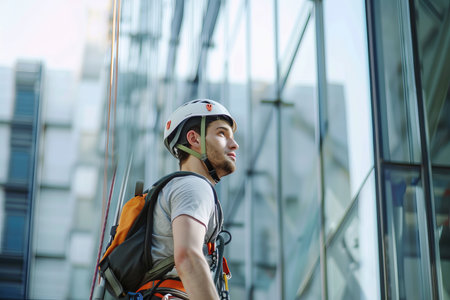 Urban window cleaner in action on modern glass skyscraperの素材