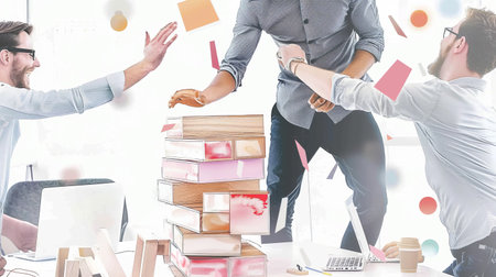 Team celebrating success with high fives and stacked documents.の素材