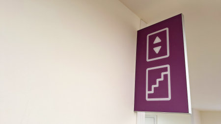 Purple elevator and staircase sign interior directional guidanceの写真素材