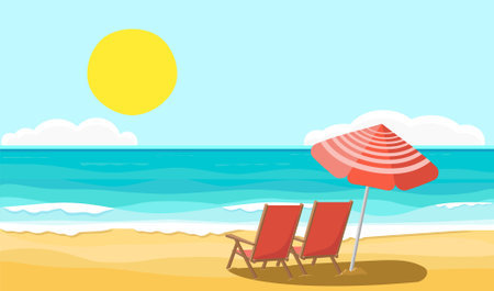 Tranquil beach setting with chairs and umbrella under sunny skyのイラスト素材