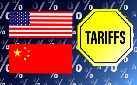 Us-china trade tensions symbolized by flags and tariffs signのイラスト素材