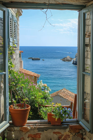 Mediterranean coastal view from open window with vibrant plants and blue sea.の素材