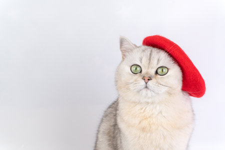 Gray cat wearing red beret with curious expression on white backgroundの写真素材