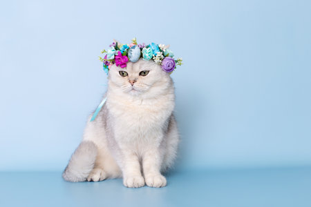 Funny white cat in flower wreath on head, sitting on blue background, looking awayの写真素材