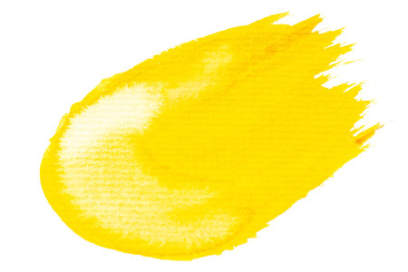 Vibrant yellow watercolor brush stroke on white backgroundの写真素材