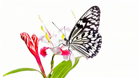 Black and white butterfly on orchid with red and white petals and green leavesの素材