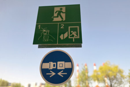 Emergency exit and seatbelt signs on clear sky backgroundの写真素材