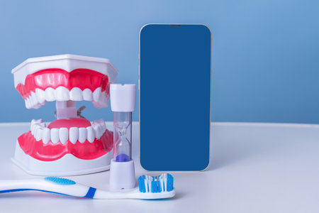 Dental hygiene essentials: tooth model, smartphone, toothbrush, and timer on blue backgroundの写真素材
