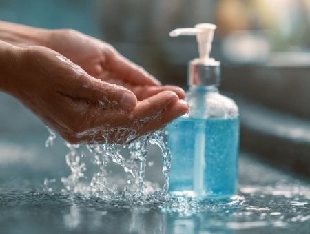 Hands Being Washed with Blue Liquid Soap Under Running Water for Hygieneの素材