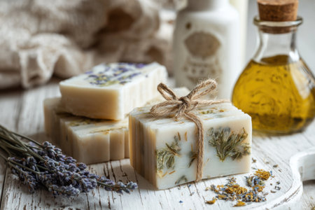 Handcrafted Natural Soaps with Dried Flowers and Essential Oils for a Luxurious Spa Experienceの素材