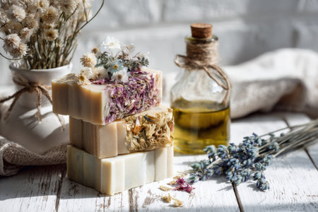 Aesthetic Display of Handmade Herbal Soaps with Natural Ingredients and Decorative Elements in a Warm, Rustic Settingの素材