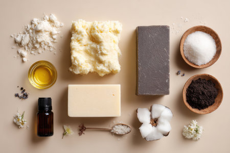 An Aesthetic Arrangement of Natural Ingredients for Crafting Homemade Soaps and Skincare Productsの素材