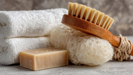 Aesthetic Arrangement of Spa Essentials Including Soft Towels, Natural Soap, and a Wooden Body Brushの素材