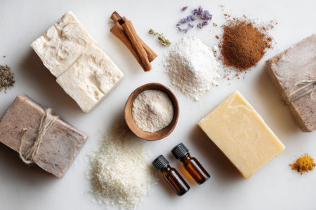 An Assorted Collection of Natural Ingredients for Crafting Homemade Soaps and Beauty Products, Featuring Herbs, Essential Oils, and Various Texturesの素材