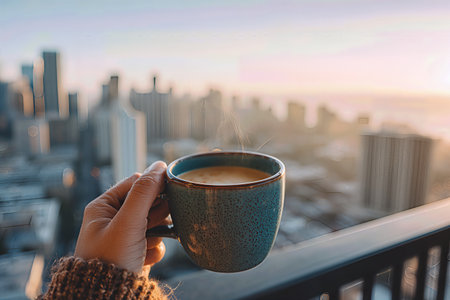 A Hand Holding a Warm Mug of Coffee Against a Cityscape at Sunrise,の素材