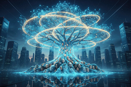 A Captivating Visualization of a Futuristic Tree Structure Featuring Interconnected Faces Illuminated in a Technology-Infused Urban Landscapeの素材
