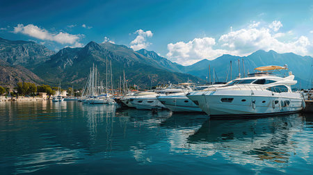 A Beautiful Marina Scene Featuring Luxurious Yachts and Scenic Mountain Backdropの素材