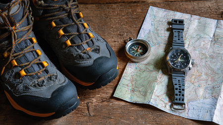 Exploration Gear Hiking Boots, Compass, and Map Ready for Adventure in the Great Outdoorsの素材