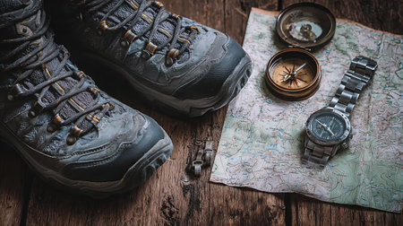 Exploring the Great Outdoors: Essential Gear Including Hiking Boots, Compass, Map, and a Stylish Watch for Adventurersの素材