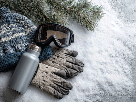 A Cozy Collection Featuring Warm Gloves, Thermal Bottle, Stylish Goggles, and a Knit Beanie on a Snowy Backgroundの素材